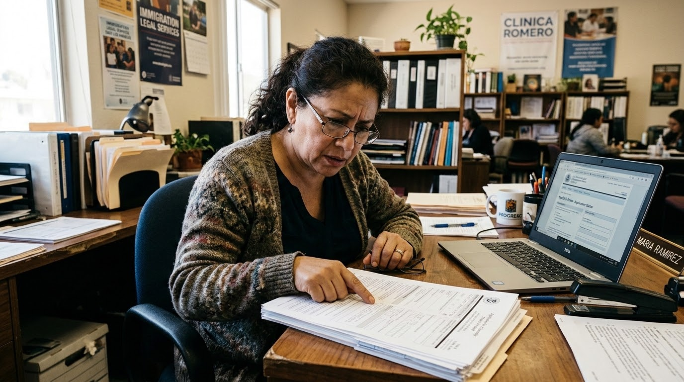 A nonprofit leader at a desk reviewing formation paperwork and grant proposal folders alongside a laptop showing a financial spreadsheet