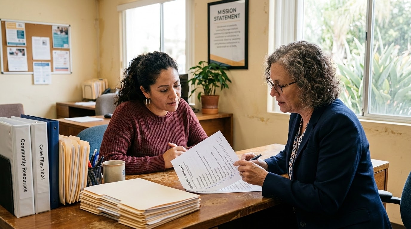 A nonprofit leader and an advisor reviewing a grants report and financial documents together at a desk before hiring a grant writer