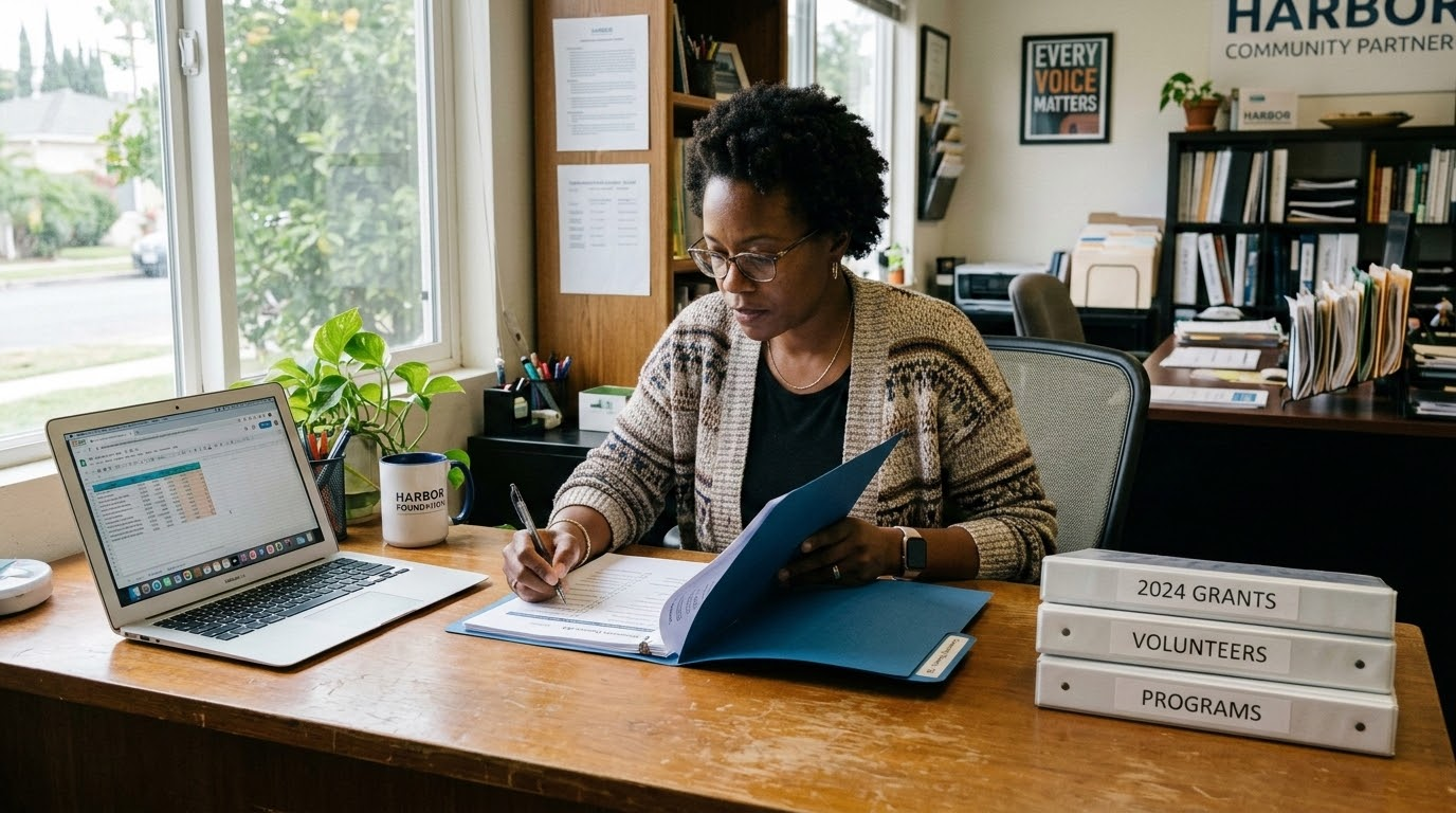 A nonprofit leader and an advisor reviewing grant readiness documents and a checklist together at a desk