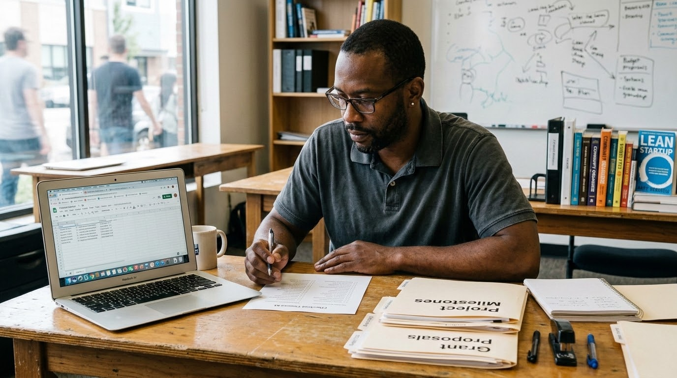 A new nonprofit founder and an advisor reviewing a grant intake checklist at a community office desk with labeled binders