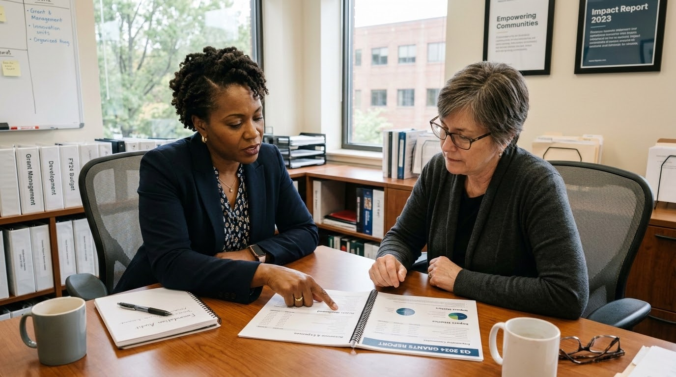 A nonprofit program director carefully reviewing application documents at a desk in a community services office, the kind of due diligence funders expect